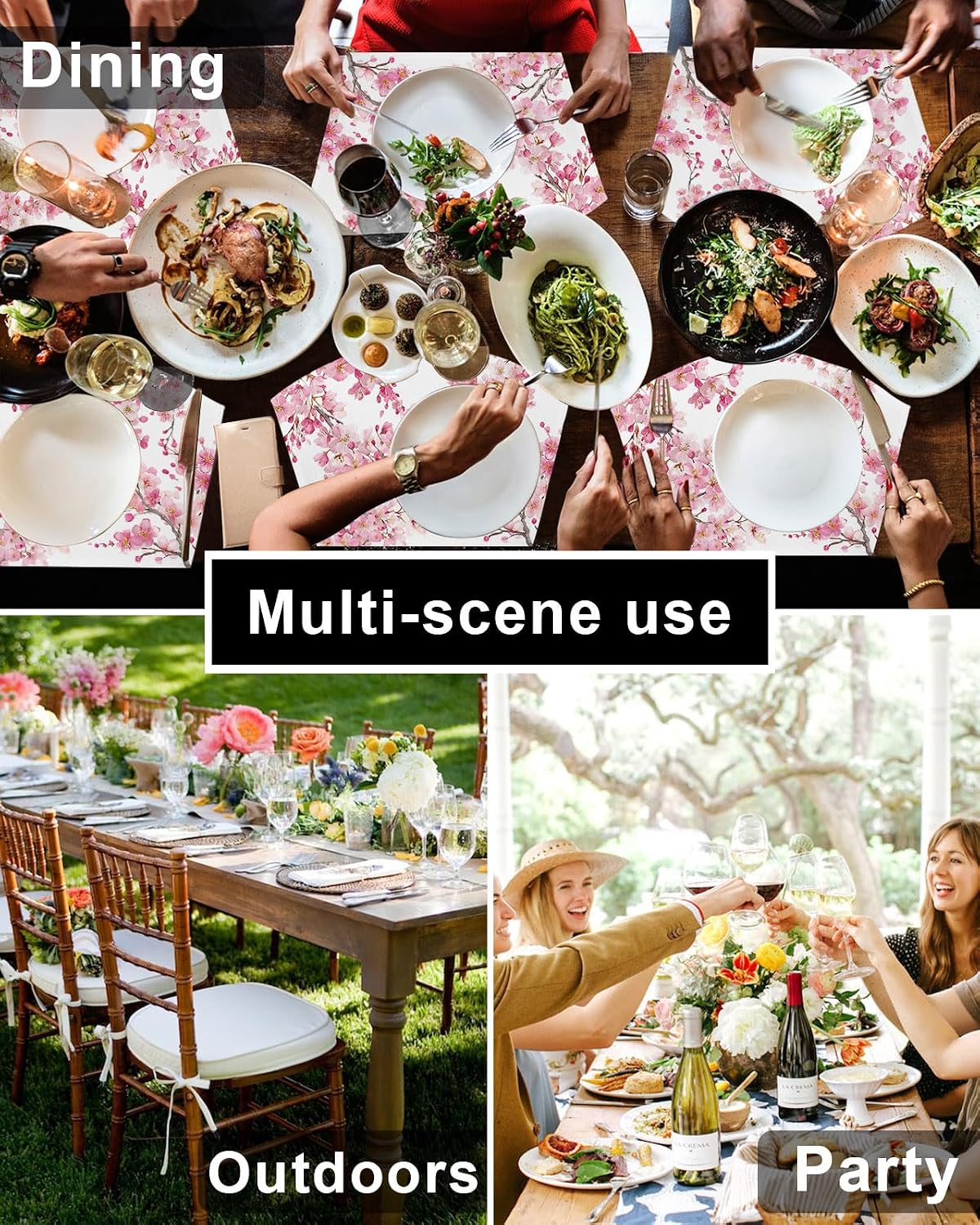 Round Table Placemats Set of 4, Spring Pink Blossom Peach Wedge Table Mat Washable Placemat, Watercolor Flower Tree Branch Fan Shape Place Mats for Kitchen Indoor Outdoor