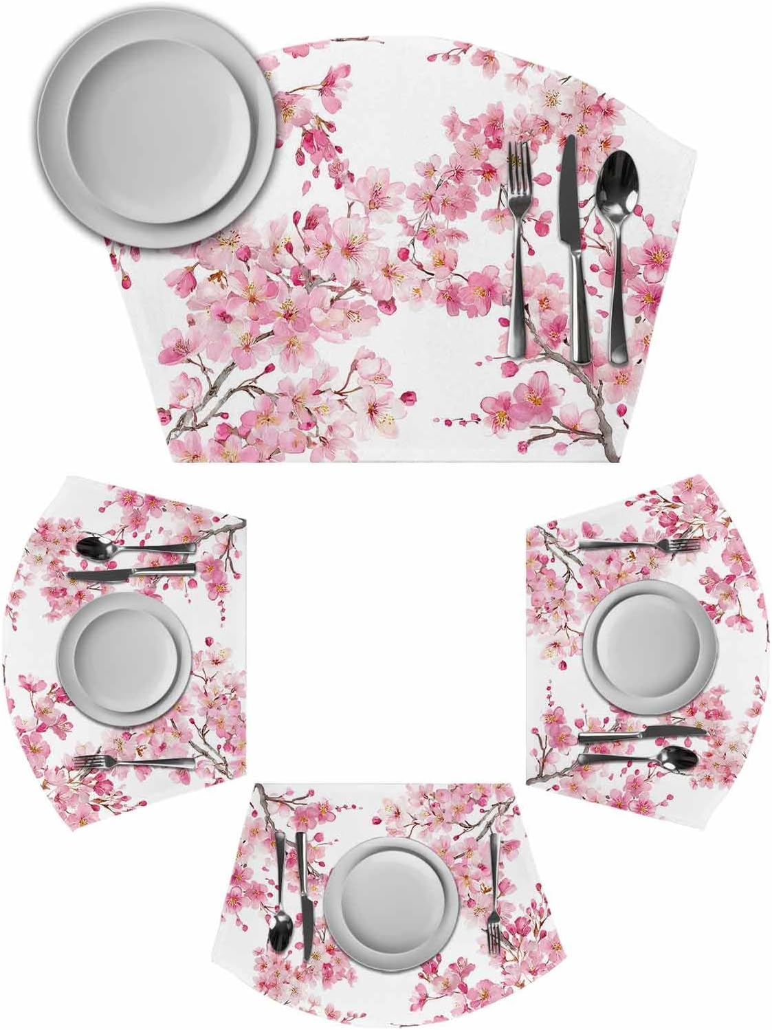 Round Table Placemats Set of 4, Spring Pink Blossom Peach Wedge Table Mat Washable Placemat, Watercolor Flower Tree Branch Fan Shape Place Mats for Kitchen Indoor Outdoor