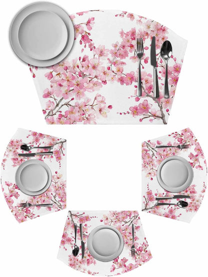Round Table Placemats Set of 4, Spring Pink Blossom Peach Wedge Table Mat Washable Placemat, Watercolor Flower Tree Branch Fan Shape Place Mats for Kitchen Indoor Outdoor
