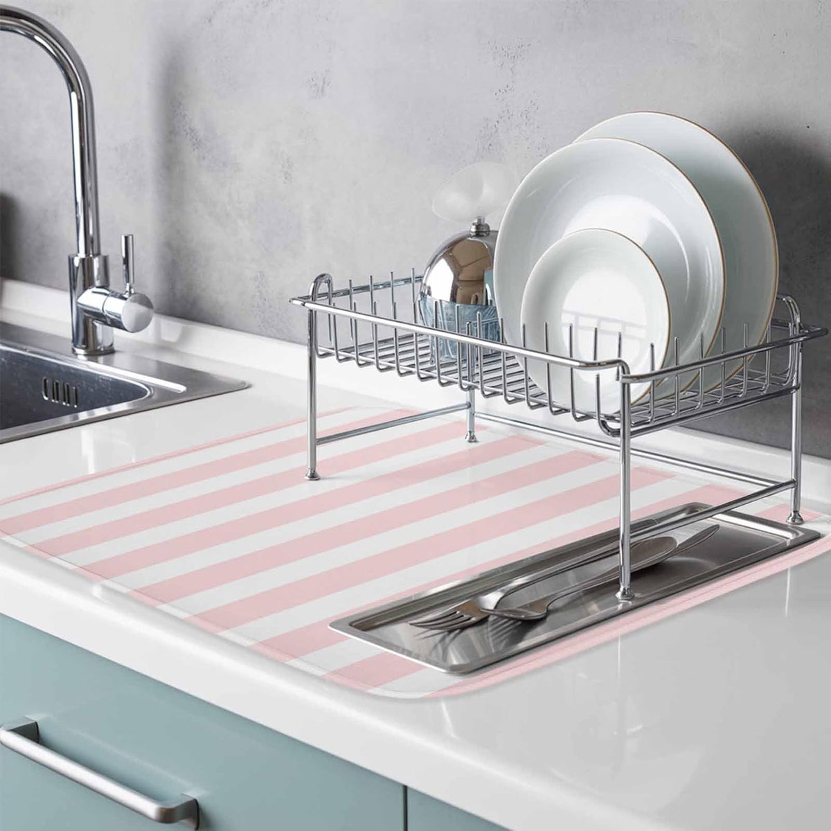 Dish Drying Mat Pink Stripes Kitchen Counter Drying Pad for Dishes Glasses Cups and Cookware Pink White Vertical Striped Absorbent Dish Drying Mat Machine Washable Kitchen Accessories 2 Pack 18" x 24"
