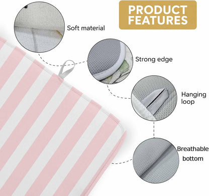 Dish Drying Mat Pink Stripes Kitchen Counter Drying Pad for Dishes Glasses Cups and Cookware Pink White Vertical Striped Absorbent Dish Drying Mat Machine Washable Kitchen Accessories 2 Pack 18" x 24"
