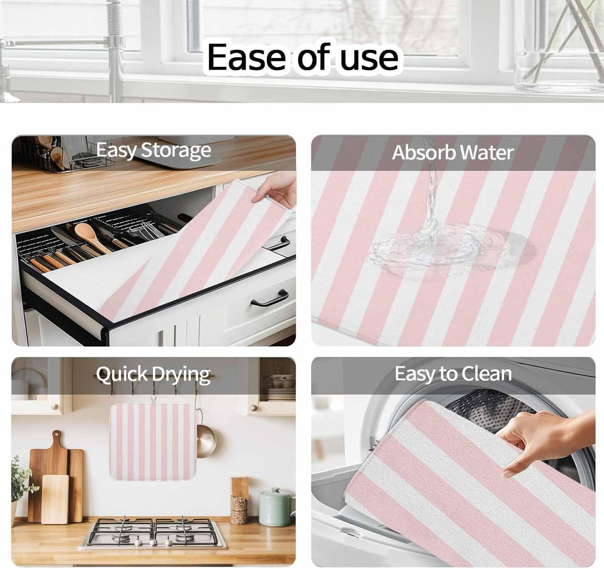 Dish Drying Mat Pink Stripes Kitchen Counter Drying Pad for Dishes Glasses Cups and Cookware Pink White Vertical Striped Absorbent Dish Drying Mat Machine Washable Kitchen Accessories 2 Pack 18" x 24"