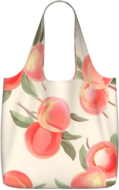 Reusable Shopping Bags Lightweight Foldable Grocery Bags In Pocket,Washable Large Tote Bags Pink Peach Pattern Travel Shoulder Bag Gifts For Women Men