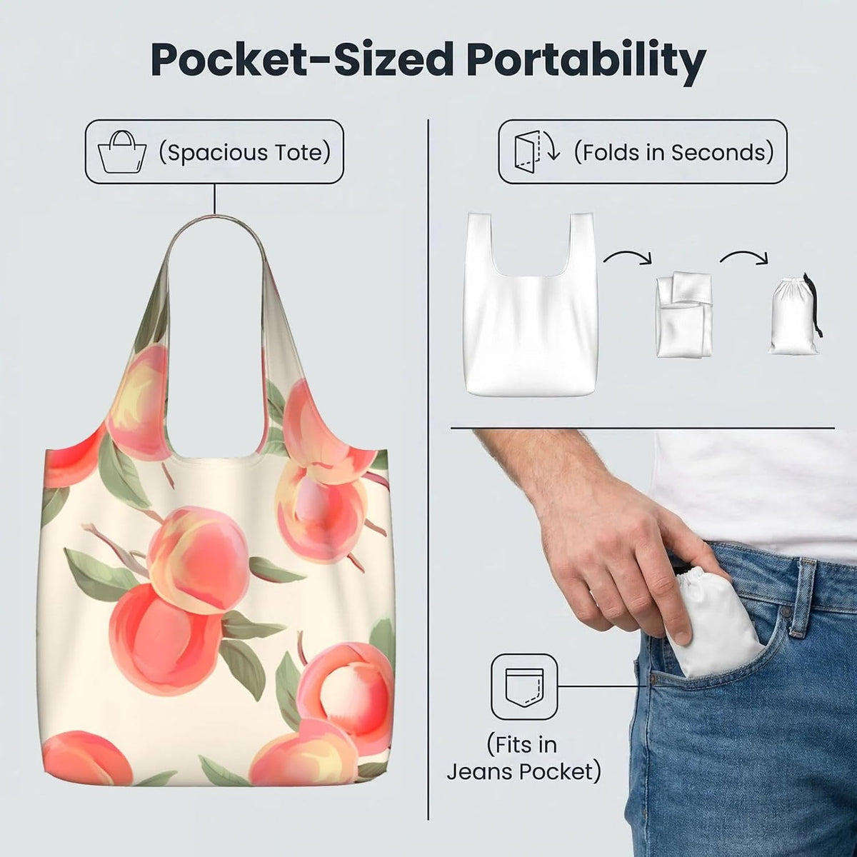 Reusable Shopping Bags Lightweight Foldable Grocery Bags In Pocket,Washable Large Tote Bags Pink Peach Pattern Travel Shoulder Bag Gifts For Women Men