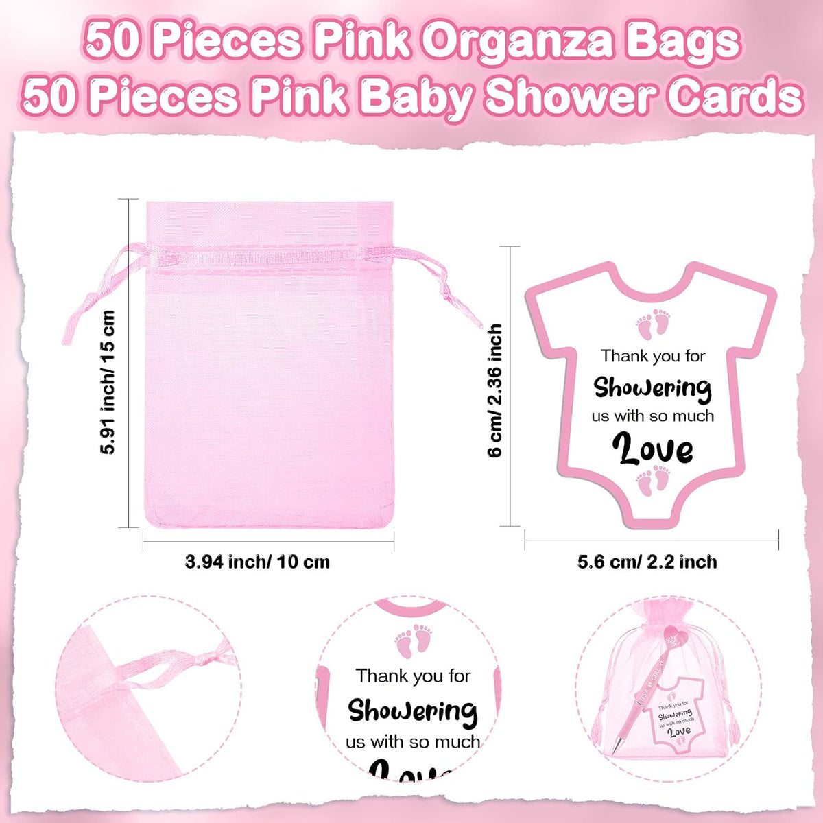 Harloon 50 Set Baby Shower Favors Pink Pens Cards Bags Girl