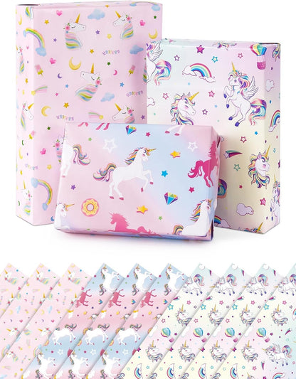 Unicorn Wrapping Paper - 10 Sheet 20'' x 27'' Unicorn Gift Wrapping Paper Pink Princess Design for Girls Birthday Party Gift Packing Supply Baby Shower Party Favor