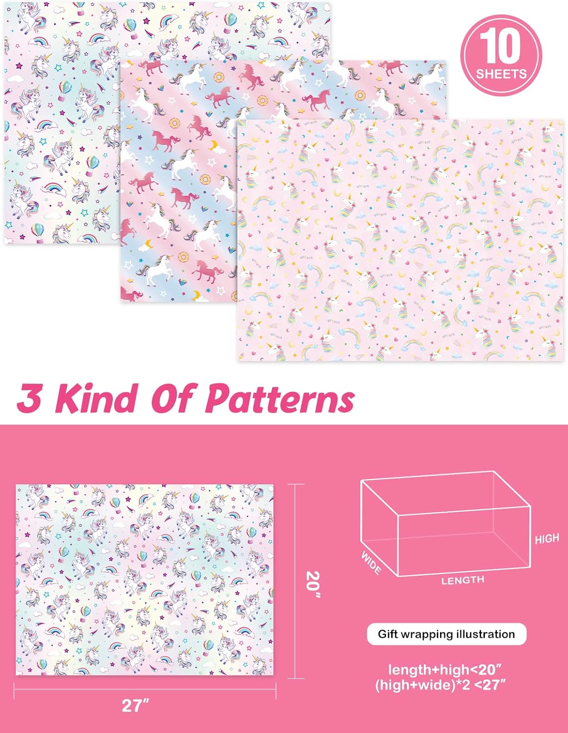 Unicorn Wrapping Paper - 10 Sheet 20'' x 27'' Unicorn Gift Wrapping Paper Pink Princess Design for Girls Birthday Party Gift Packing Supply Baby Shower Party Favor