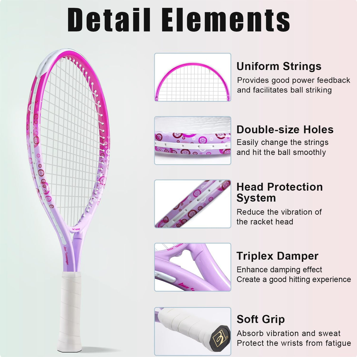 17"-25" Kids Tennis Racket for Aged 2-12 Lightweight Youth Tennis Racquet for Girls and Boys Outdoor/Indoor Sports with 1 Non-Slip Grip and 1 Shoulder Strap Bag Easy Carry
