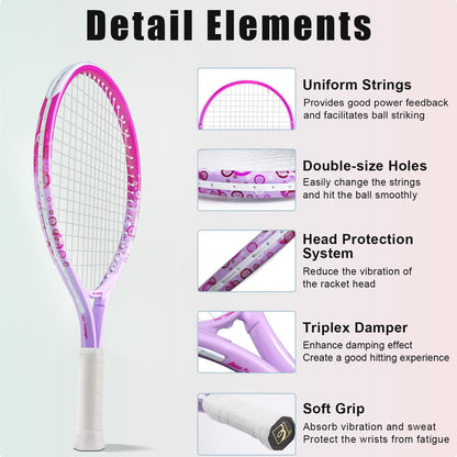 17"-25" Kids Tennis Racket for Aged 2-12 Lightweight Youth Tennis Racquet for Girls and Boys Outdoor/Indoor Sports with 1 Non-Slip Grip and 1 Shoulder Strap Bag Easy Carry
