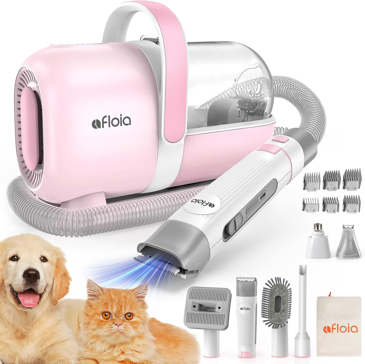 6-in-1 Dog Grooming Kit, Pet Grooming Vacuum for Shedding, Dog Hair Vacuum with Clipper Nail Trimmer Grinder, Pet Brush Groomer at Home, Low Noise Cats Hair Remover, 1.5L Dust Cup, Pink