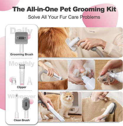 6-in-1 Dog Grooming Kit, Pet Grooming Vacuum for Shedding, Dog Hair Vacuum with Clipper Nail Trimmer Grinder, Pet Brush Groomer at Home, Low Noise Cats Hair Remover, 1.5L Dust Cup, Pink