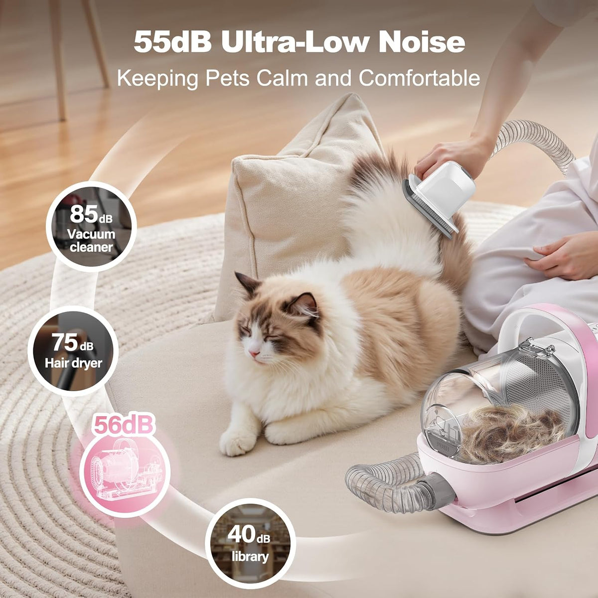 6-in-1 Dog Grooming Kit, Pet Grooming Vacuum for Shedding, Dog Hair Vacuum with Clipper Nail Trimmer Grinder, Pet Brush Groomer at Home, Low Noise Cats Hair Remover, 1.5L Dust Cup, Pink