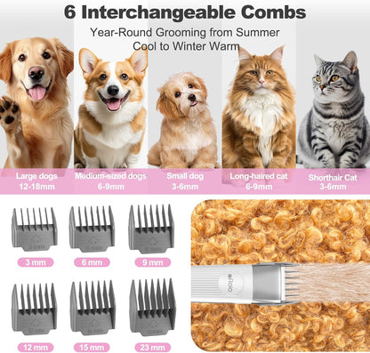 6-in-1 Dog Grooming Kit, Pet Grooming Vacuum for Shedding, Dog Hair Vacuum with Clipper Nail Trimmer Grinder, Pet Brush Groomer at Home, Low Noise Cats Hair Remover, 1.5L Dust Cup, Pink
