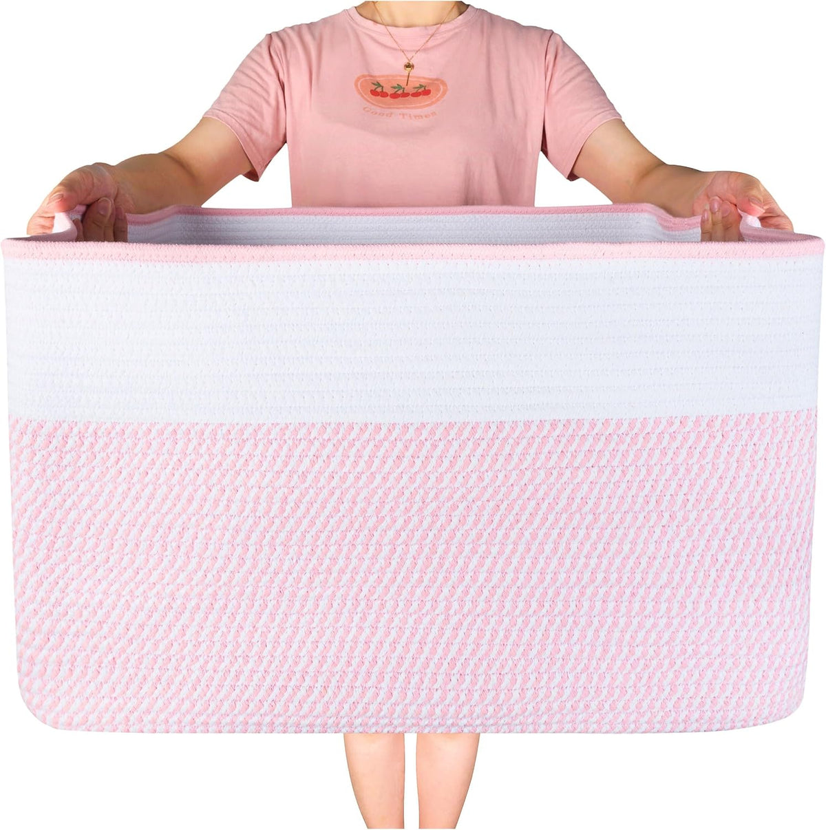 22in Extra Large Blanket Basket Holder Living Room, Rectangle Rope Woven Storage Basket with Handles for Laundry, Pool Towels, and Shoes, Dog Toy Organizer Bin Box, Light Pink