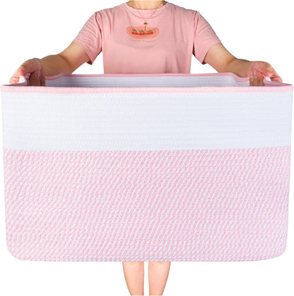 22in Extra Large Blanket Basket Holder Living Room, Rectangle Rope Woven Storage Basket with Handles for Laundry, Pool Towels, and Shoes, Dog Toy Organizer Bin Box, Light Pink