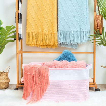 22in Extra Large Blanket Basket Holder Living Room, Rectangle Rope Woven Storage Basket with Handles for Laundry, Pool Towels, and Shoes, Dog Toy Organizer Bin Box, Light Pink