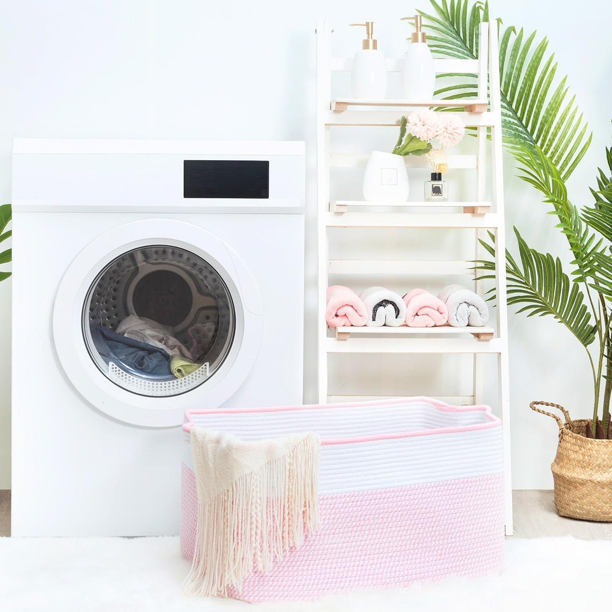 22in Extra Large Blanket Basket Holder Living Room, Rectangle Rope Woven Storage Basket with Handles for Laundry, Pool Towels, and Shoes, Dog Toy Organizer Bin Box, Light Pink