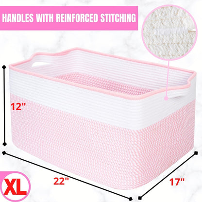 22in Extra Large Blanket Basket Holder Living Room, Rectangle Rope Woven Storage Basket with Handles for Laundry, Pool Towels, and Shoes, Dog Toy Organizer Bin Box, Light Pink