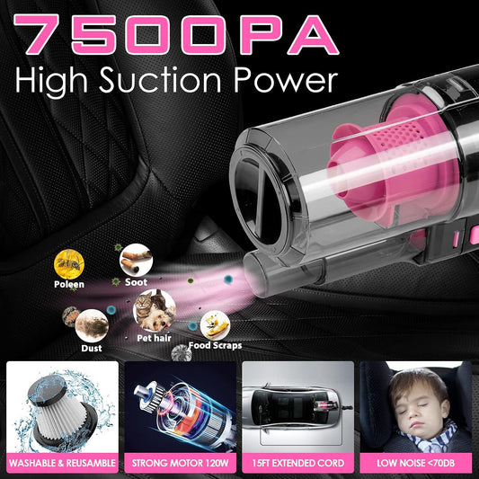 17pcs Car Cleaning Kit, Pink Car Interior Detailing Kit with High Power Handheld Vacuum, Detailing Brush Set, Windshield Cleaner, Cleaning Gel, Complete Auto Accessories for Women Gift