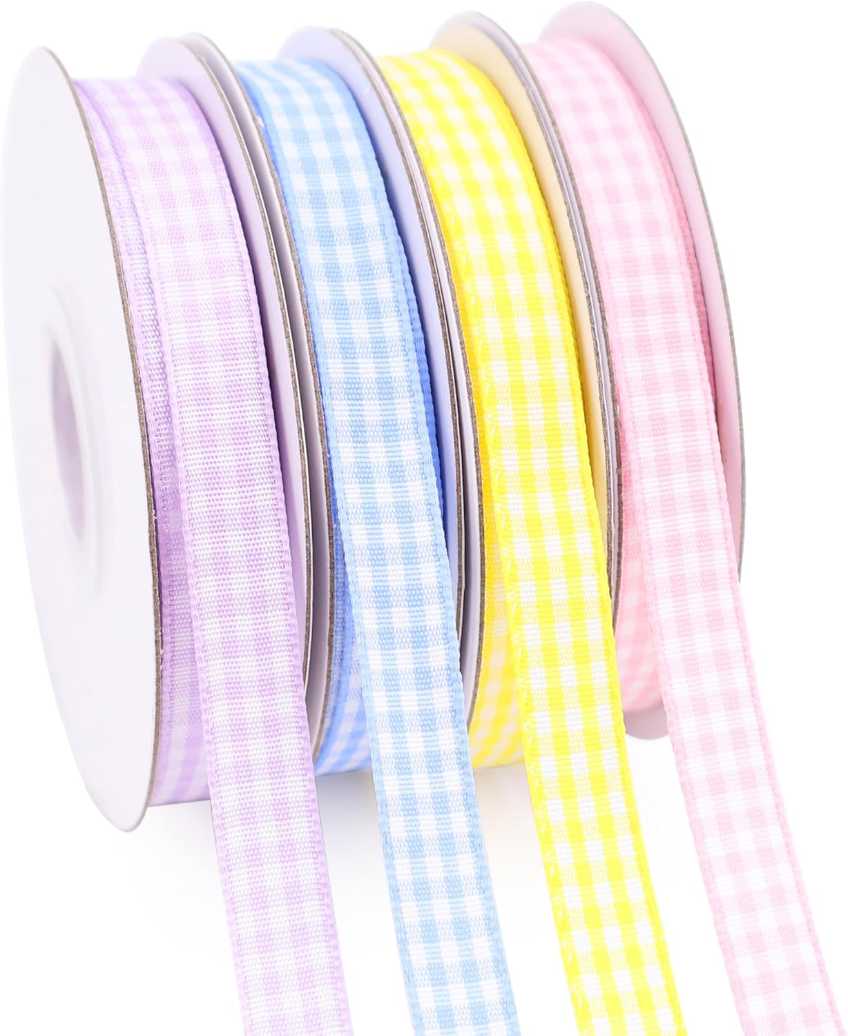 IDONGCAI Gingham Ribbon 60 Yards 4 Rolls Plaid Ribbon 3/8 Inch Checkerd Ribbon for Gift Wrapping Baby Shower(Light Purple Yellow Blue Pink)