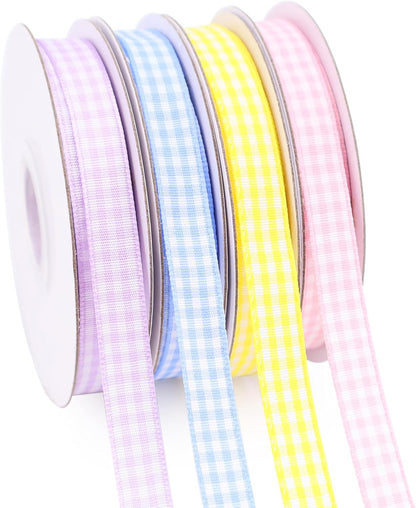 IDONGCAI Gingham Ribbon 60 Yards 4 Rolls Plaid Ribbon 3/8 Inch Checkerd Ribbon for Gift Wrapping Baby Shower(Light Purple Yellow Blue Pink)