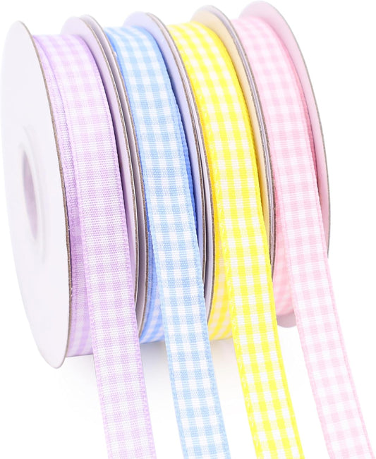 IDONGCAI Gingham Ribbon 60 Yards 4 Rolls Plaid Ribbon 3/8 Inch Checkerd Ribbon for Gift Wrapping Baby Shower(Light Purple Yellow Blue Pink)