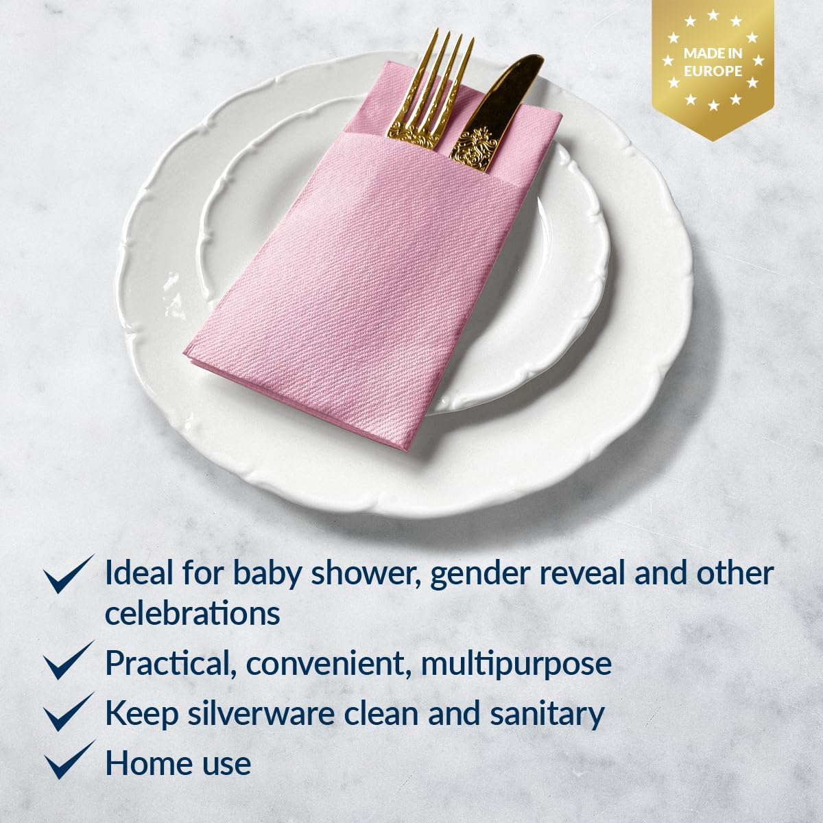 PAW - Baby Pink Linen Feel Napkins with Built-in Flatware Pocket, Airlaid Paper Pre-Folded Napkins for Silverware, Baby Shower, Gender Reveal, Wedding Party, Birthday, Monocolor, 50 Count