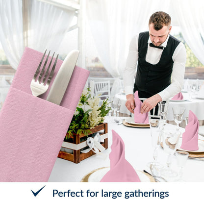 PAW - Baby Pink Linen Feel Napkins with Built-in Flatware Pocket, Airlaid Paper Pre-Folded Napkins for Silverware, Baby Shower, Gender Reveal, Wedding Party, Birthday, Monocolor, 50 Count