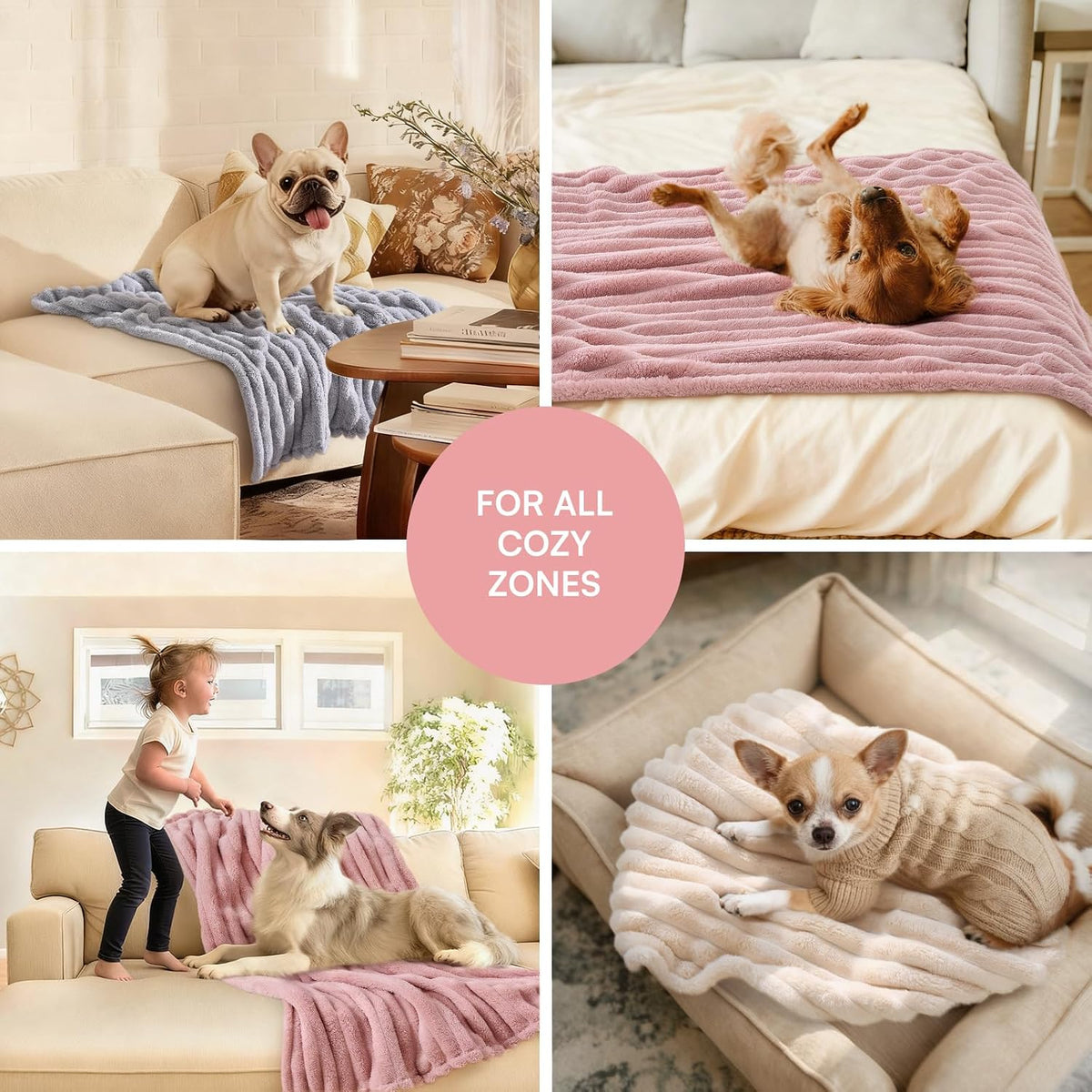 1 Pack 3 Fleece Dog Blanket Soft Warm Cat Beige/Pink/Grey Small