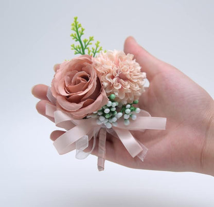 Rose Gold Flowes Wrist Corsage & Boutonniere Set, 2 Pieces