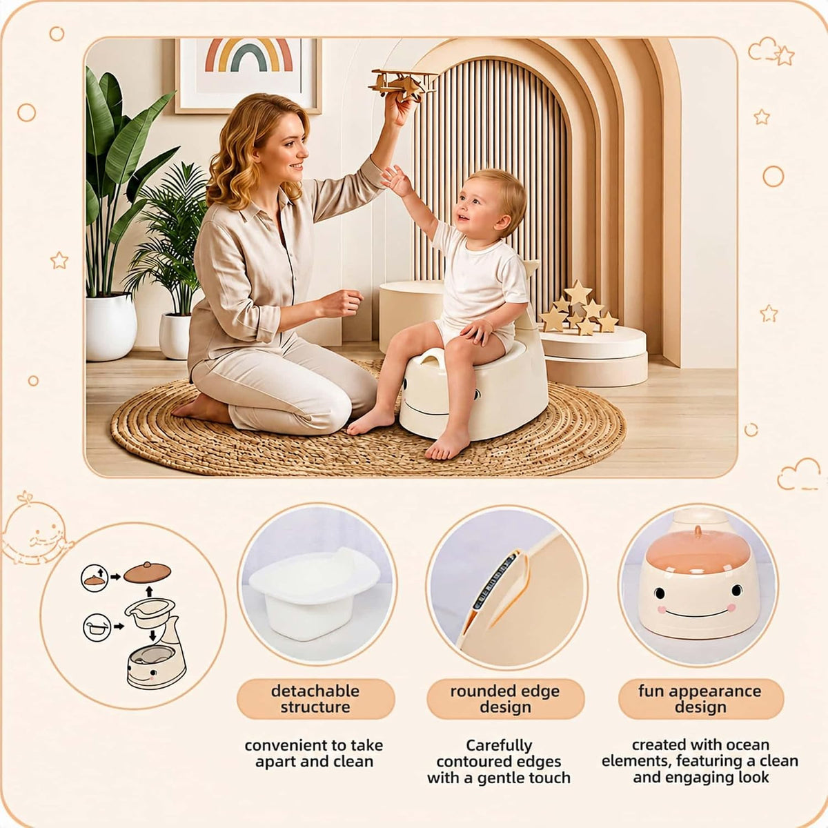 potty training toilet Baby Potty Training Toilet Seat for Toddlers，Whale Potty Chair with Lid, Back Support & Splash Guard, Non-Slip Kids Toilet Trainer for Boys Girls Ages 1-3 (Apricot color)