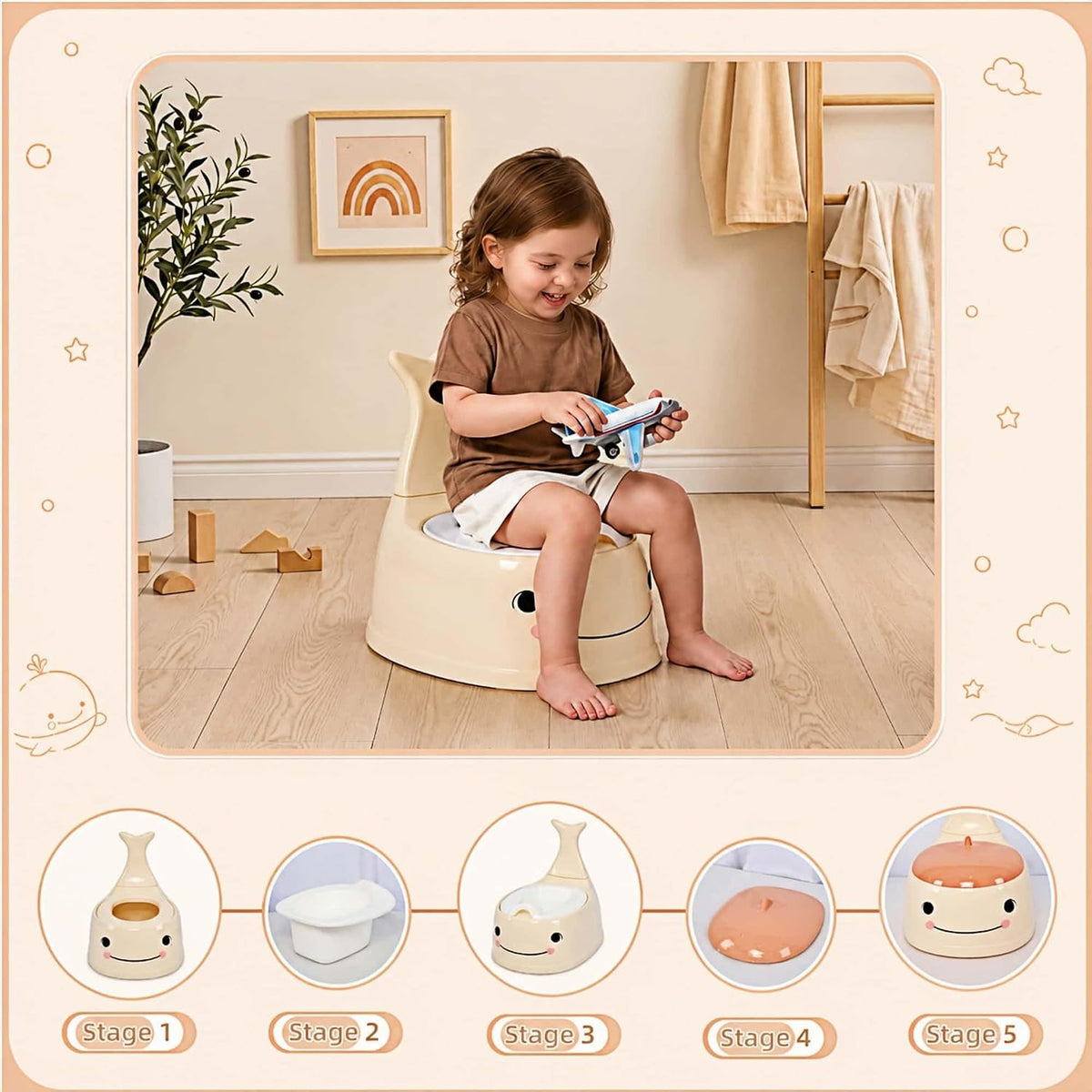 potty training toilet Baby Potty Training Toilet Seat for Toddlers，Whale Potty Chair with Lid, Back Support & Splash Guard, Non-Slip Kids Toilet Trainer for Boys Girls Ages 1-3 (Apricot color)