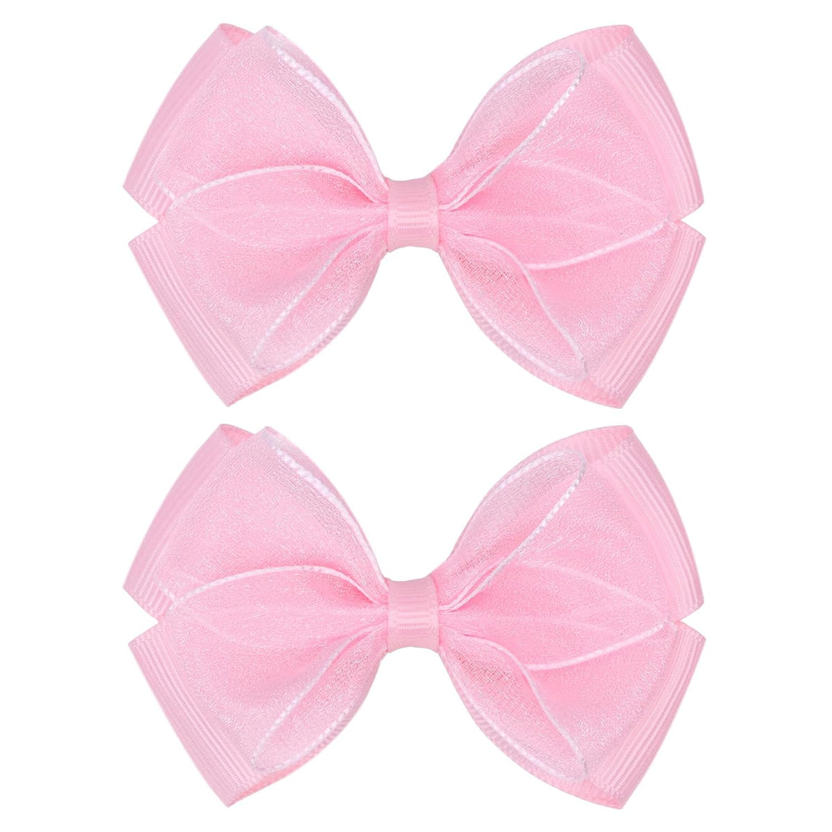 Tiny 3 Inch Organza Double Hair Bow Clips - Lined Boutique Alligator Hairpin for Baby Girls, Toddlers, and Little Teens - Kids Barrettes Set of 2 Small Stylish (Light Pink)