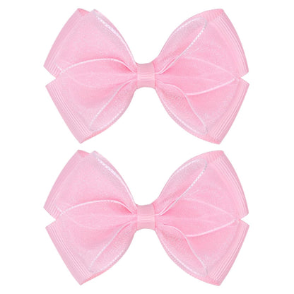 Tiny 3 Inch Organza Double Hair Bow Clips - Lined Boutique Alligator Hairpin for Baby Girls, Toddlers, and Little Teens - Kids Barrettes Set of 2 Small Stylish (Light Pink)