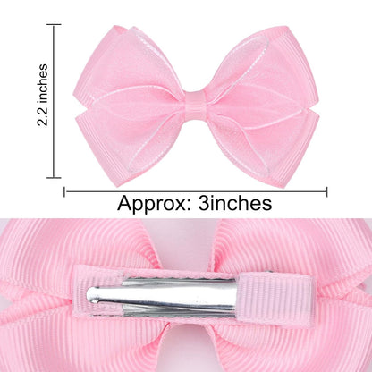 Tiny 3 Inch Organza Double Hair Bow Clips - Lined Boutique Alligator Hairpin for Baby Girls, Toddlers, and Little Teens - Kids Barrettes Set of 2 Small Stylish (Light Pink)