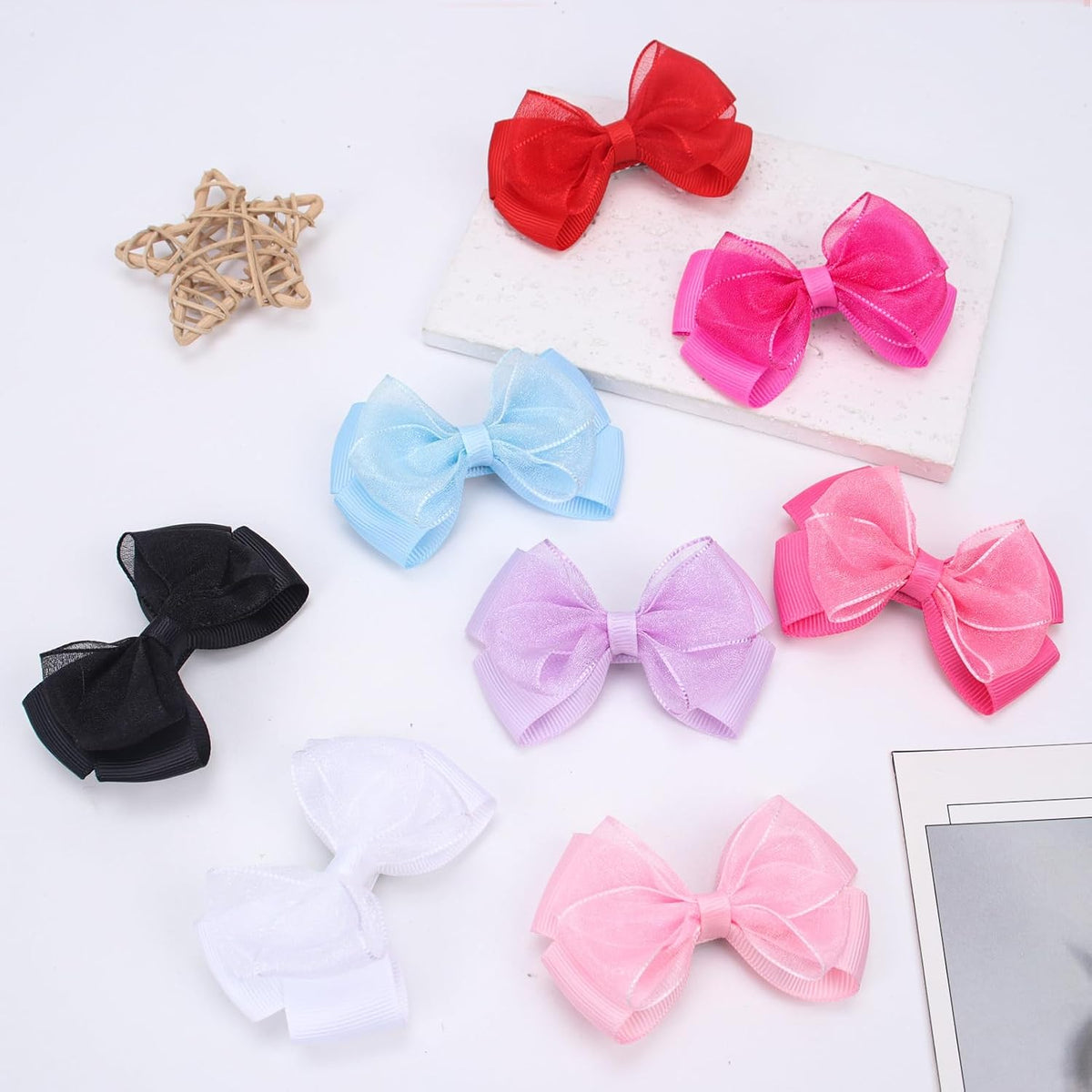 Tiny 3 Inch Organza Double Hair Bow Clips - Lined Boutique Alligator Hairpin for Baby Girls, Toddlers, and Little Teens - Kids Barrettes Set of 2 Small Stylish (Light Pink)
