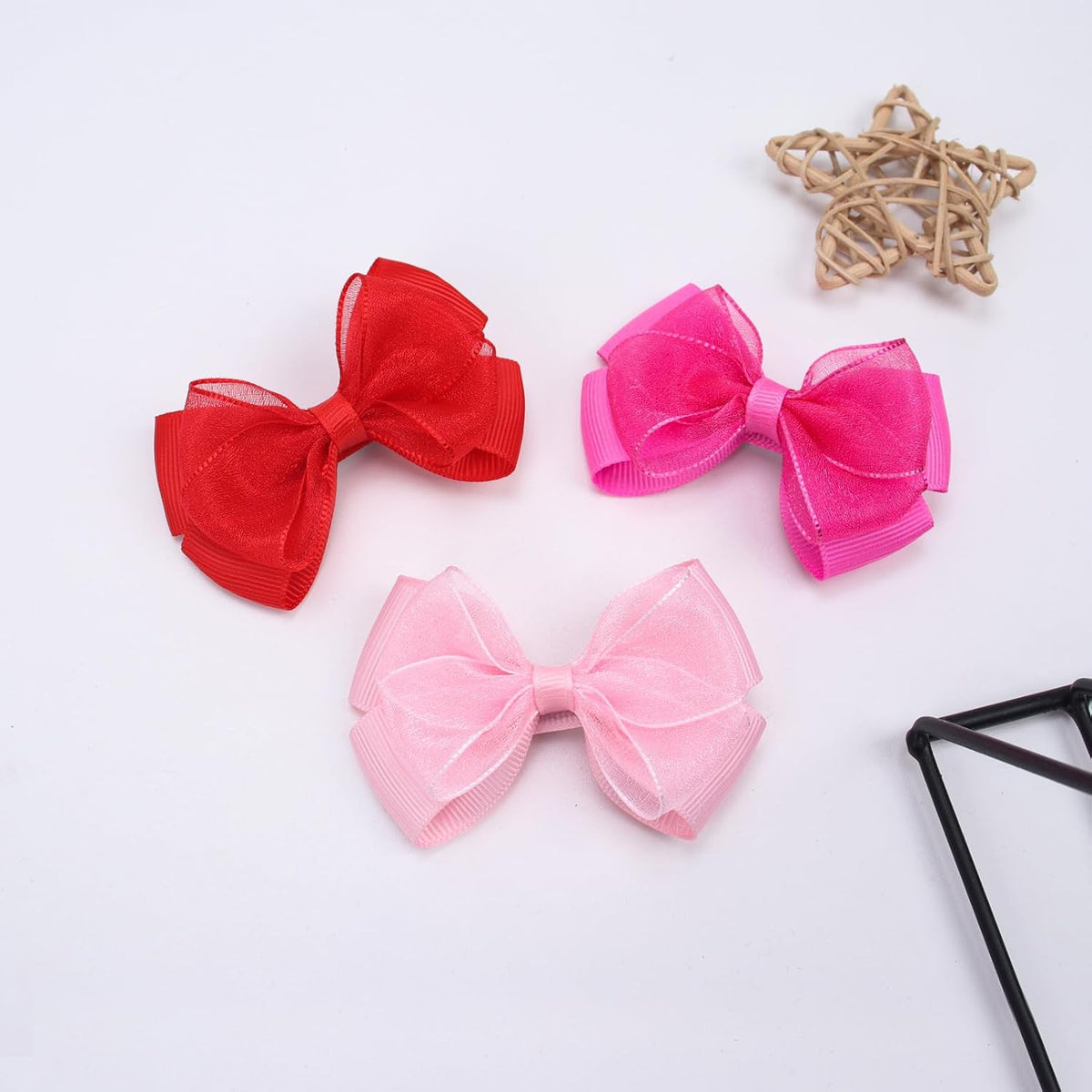 Tiny 3 Inch Organza Double Hair Bow Clips - Lined Boutique Alligator Hairpin for Baby Girls, Toddlers, and Little Teens - Kids Barrettes Set of 2 Small Stylish (Light Pink)