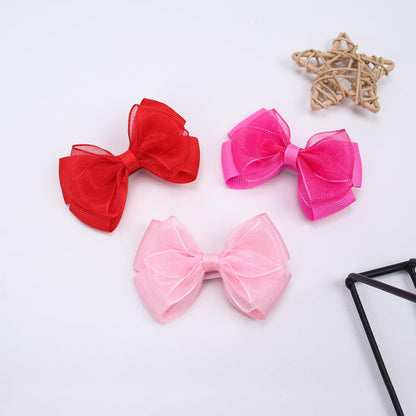 Tiny 3 Inch Organza Double Hair Bow Clips - Lined Boutique Alligator Hairpin for Baby Girls, Toddlers, and Little Teens - Kids Barrettes Set of 2 Small Stylish (Light Pink)