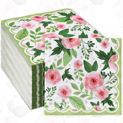 50Pcs Floral Paper Napkins Rose Flower Disposable Luncheon Napkin Spring Pink Flower Blossom Green Leaves Decorative Dessert Dinner Hand Napkin for Wedding Baby Shower Birthday
