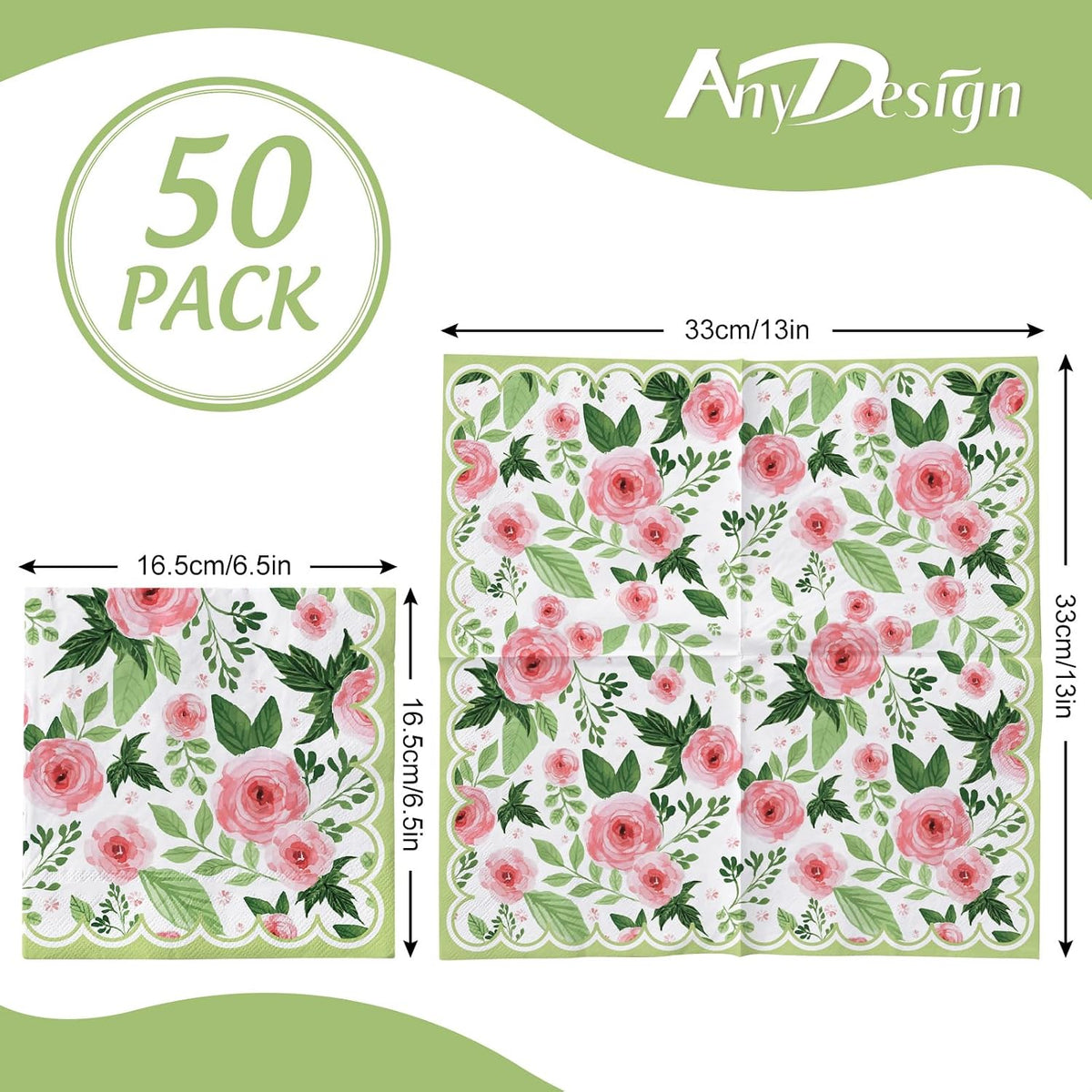 50Pcs Floral Paper Napkins Rose Flower Disposable Luncheon Napkin Spring Pink Flower Blossom Green Leaves Decorative Dessert Dinner Hand Napkin for Wedding Baby Shower Birthday