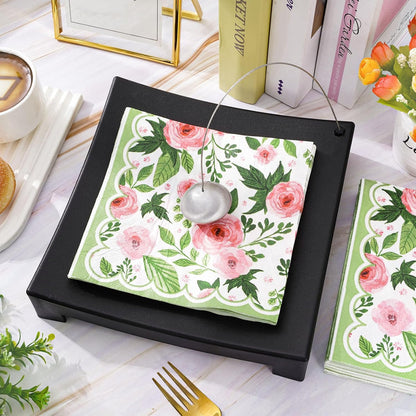 50Pcs Floral Paper Napkins Rose Flower Disposable Luncheon Napkin Spring Pink Flower Blossom Green Leaves Decorative Dessert Dinner Hand Napkin for Wedding Baby Shower Birthday