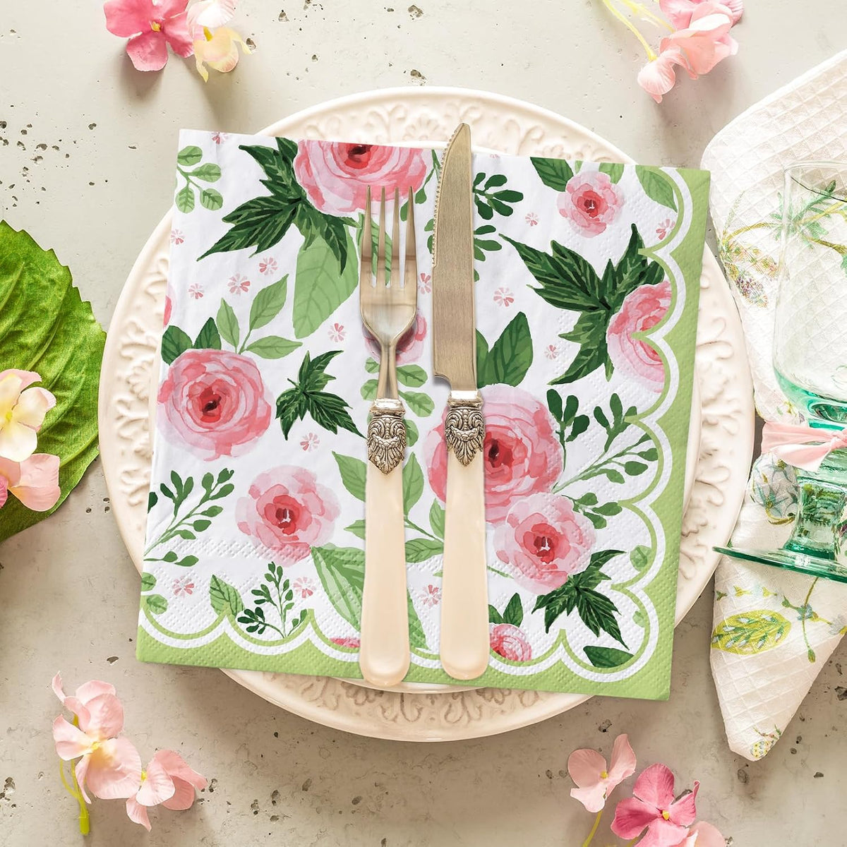 50Pcs Floral Paper Napkins Rose Flower Disposable Luncheon Napkin Spring Pink Flower Blossom Green Leaves Decorative Dessert Dinner Hand Napkin for Wedding Baby Shower Birthday