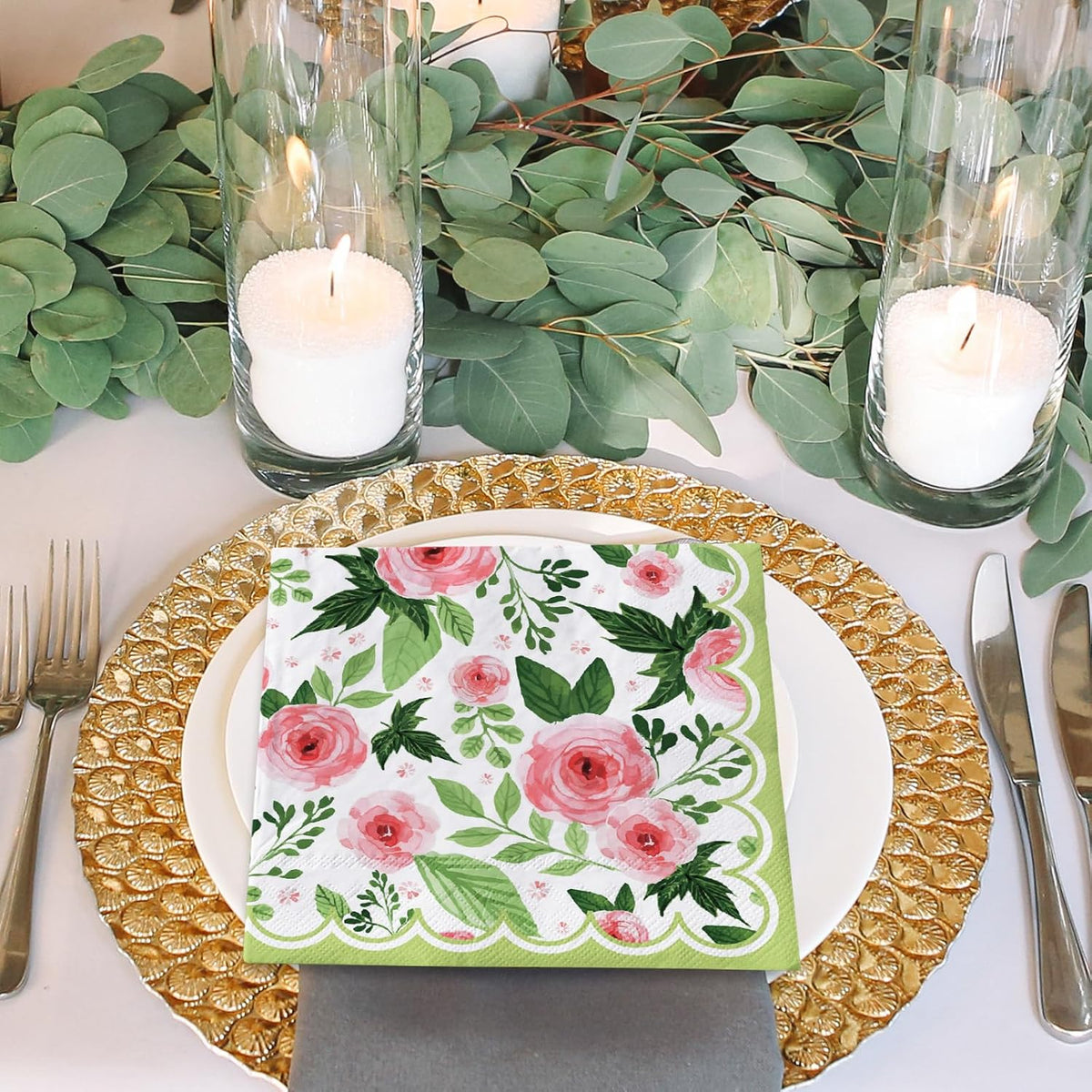 50Pcs Floral Paper Napkins Rose Flower Disposable Luncheon Napkin Spring Pink Flower Blossom Green Leaves Decorative Dessert Dinner Hand Napkin for Wedding Baby Shower Birthday