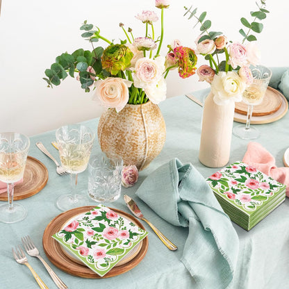 50Pcs Floral Paper Napkins Rose Flower Disposable Luncheon Napkin Spring Pink Flower Blossom Green Leaves Decorative Dessert Dinner Hand Napkin for Wedding Baby Shower Birthday