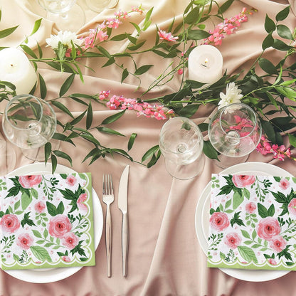 50Pcs Floral Paper Napkins Rose Flower Disposable Luncheon Napkin Spring Pink Flower Blossom Green Leaves Decorative Dessert Dinner Hand Napkin for Wedding Baby Shower Birthday