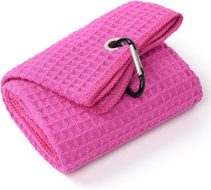 Premium Waffle-Weave Golf Towel | 16" X 24" | Extra Absorbent & Quick-Dry | Ultra-Soft Microfiber | Carabiner Clip | Multi-Color Options | Golf Accessory for Men & Women, Pink C
