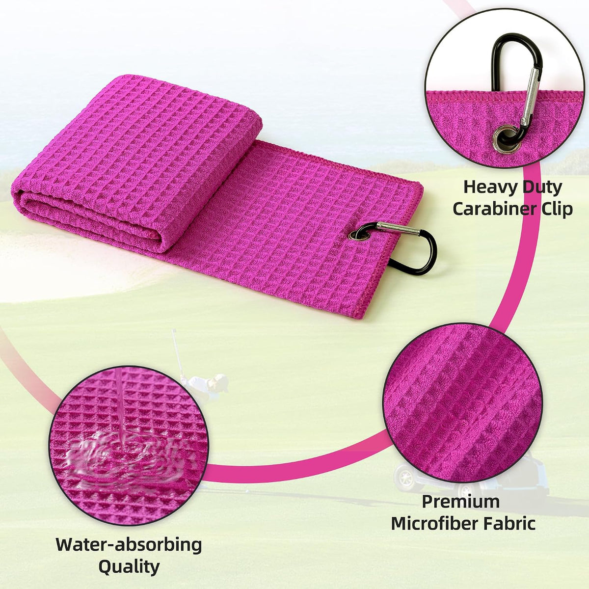 Premium Waffle-Weave Golf Towel | 16" X 24" | Extra Absorbent & Quick-Dry | Ultra-Soft Microfiber | Carabiner Clip | Multi-Color Options | Golf Accessory for Men & Women, Pink C