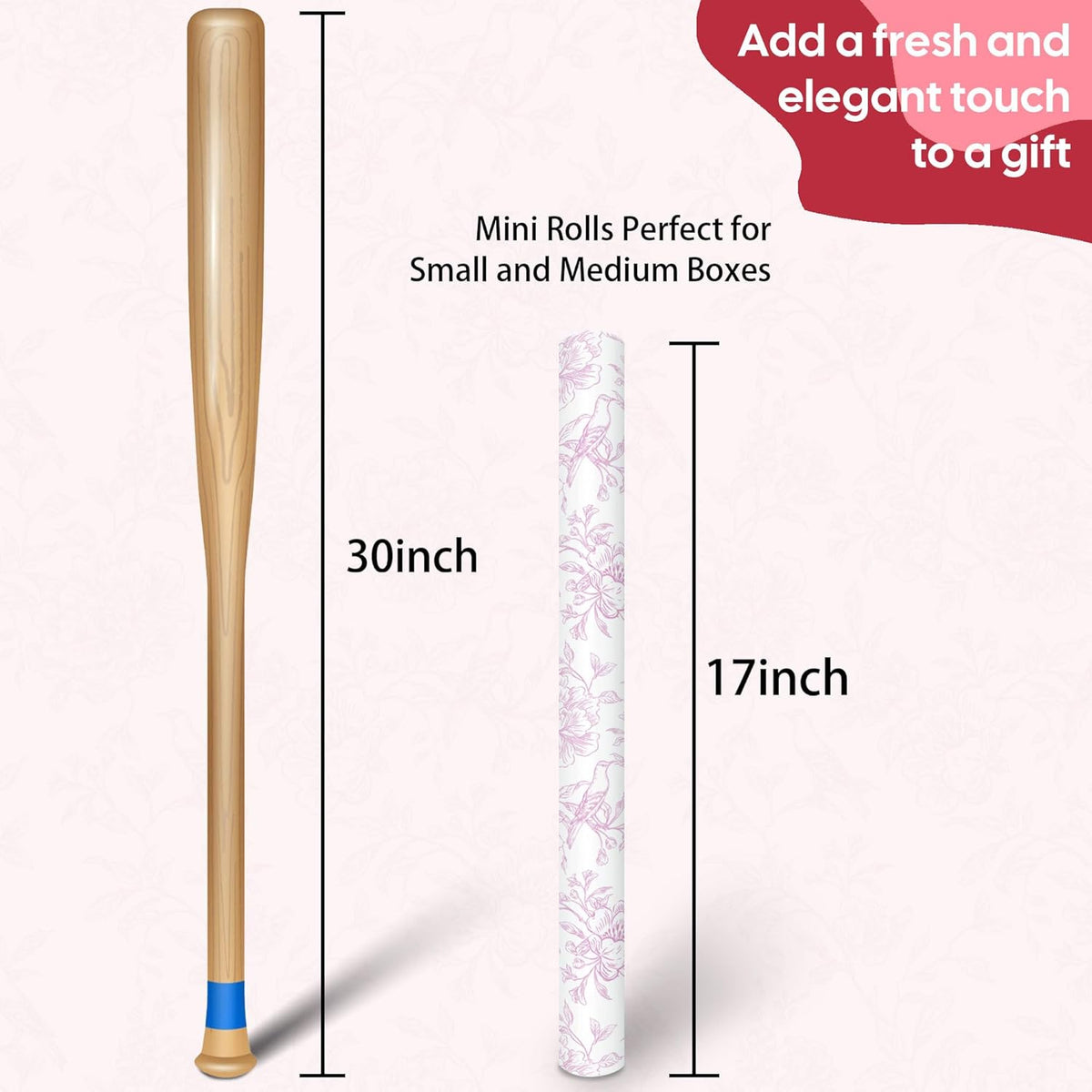 Pink Floral Wrapping Paper Roll - 17 Inches x 9.8 Feet - Vintage Pink Wrapping Paper for Birthday, Wedding, Bridal Shower, Chrismtas and Mother's Day