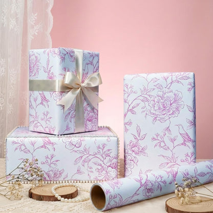 Pink Floral Wrapping Paper Roll - 17 Inches x 9.8 Feet - Vintage Pink Wrapping Paper for Birthday, Wedding, Bridal Shower, Chrismtas and Mother's Day