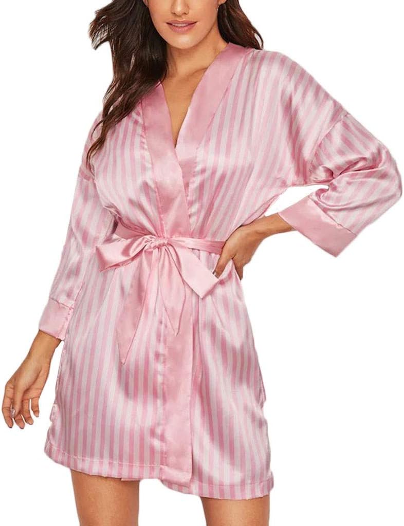 Womens Satin Stripe Robe Cozy Silk Bathrobe for Wedding Party Loungewear, Bride Bridesmaids Short Robes Nightgowns